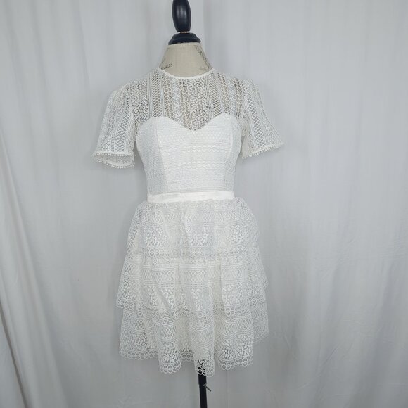 Bardot Lace Dress Medium White Ruffle Mini - Picture 1 of 8